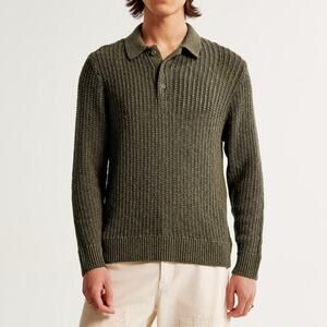 Abercrombie & Fitch Long-Sleeve 3-Button Sweater Knit Green Polo S